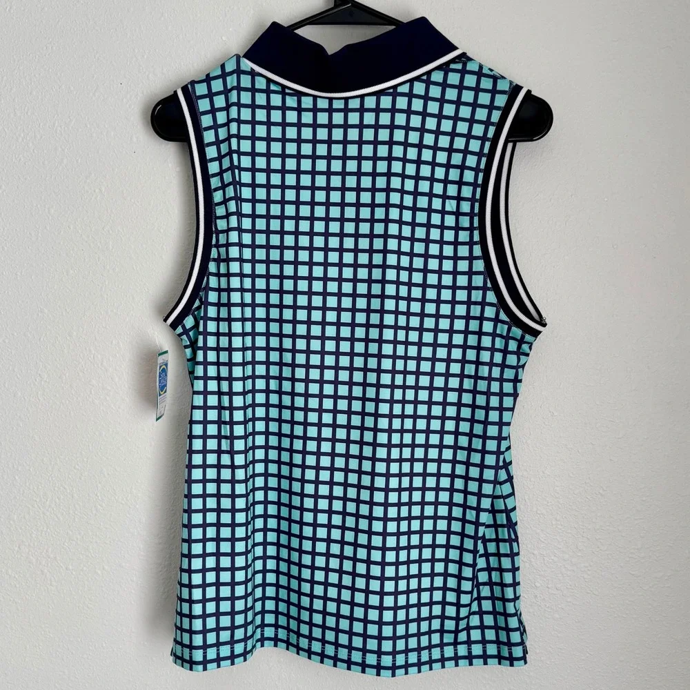 Lillie Green Women's Sleeveless Golf Polo Shirt - Navy‎ Aqua Grid Pattern - Picture 5 of 7